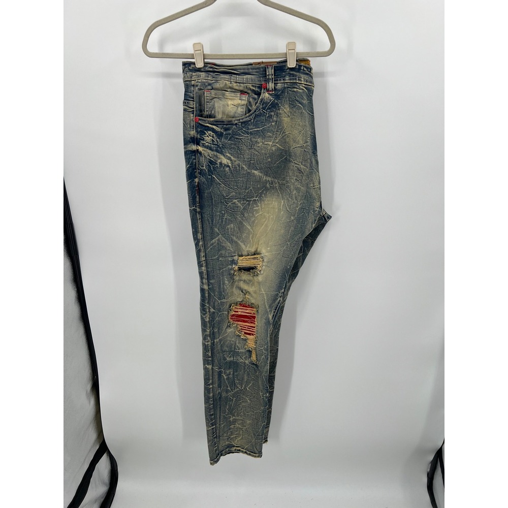 Makobi M1990 Dirt Wash Distressed Jeans Mens 50x34 Blue Streetwear Red Underlay